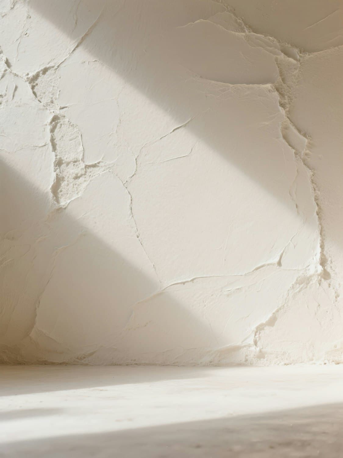 Low sunlight falling across a textured plaster wall