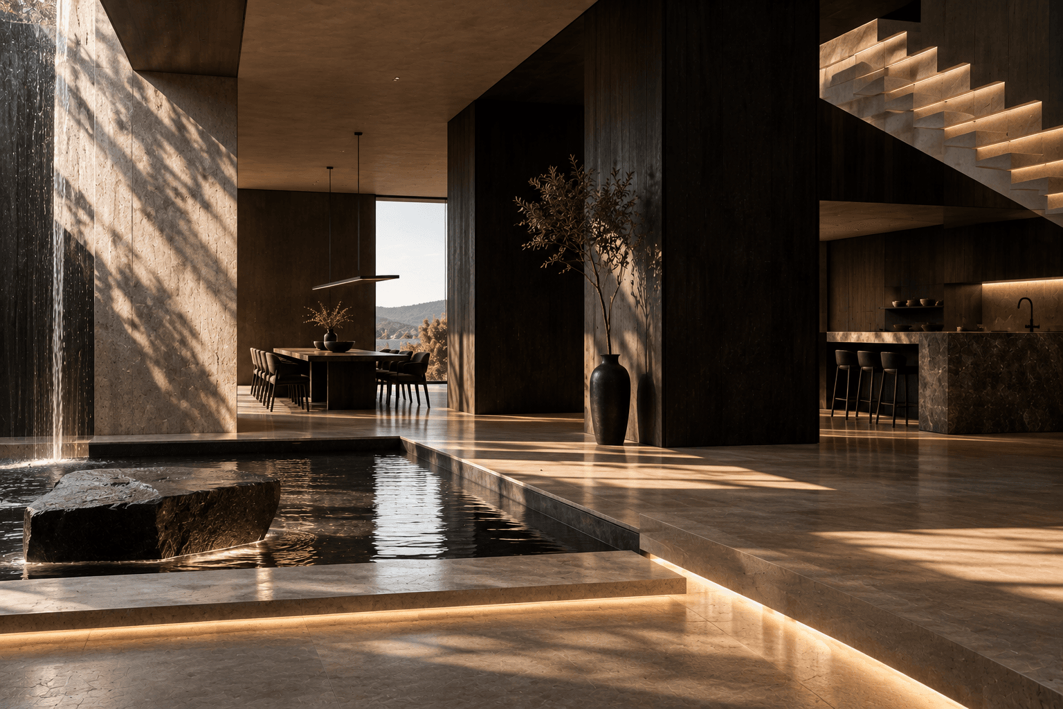 A stone hall with a still pool and a falling sheet of water, dark timber walls and a dining room facing the hills